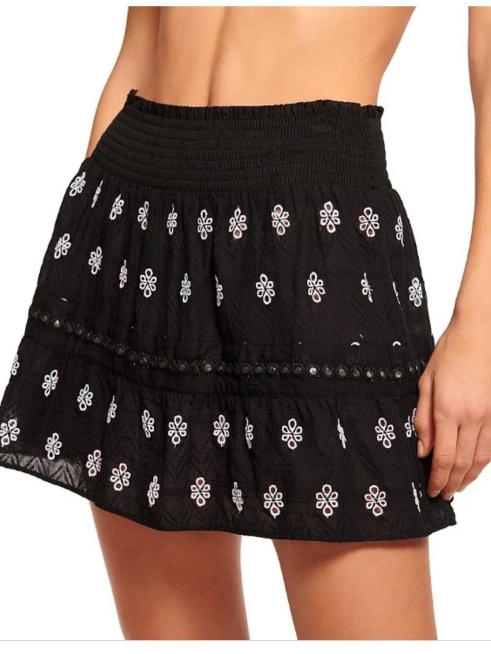 Ramy Brook Annetta Black Mini Skirt with White Embroidered Motifs